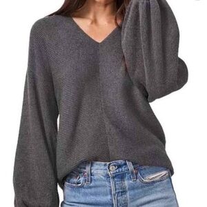1. STATE V neck Ribbed Balloon Sleeve Sweater